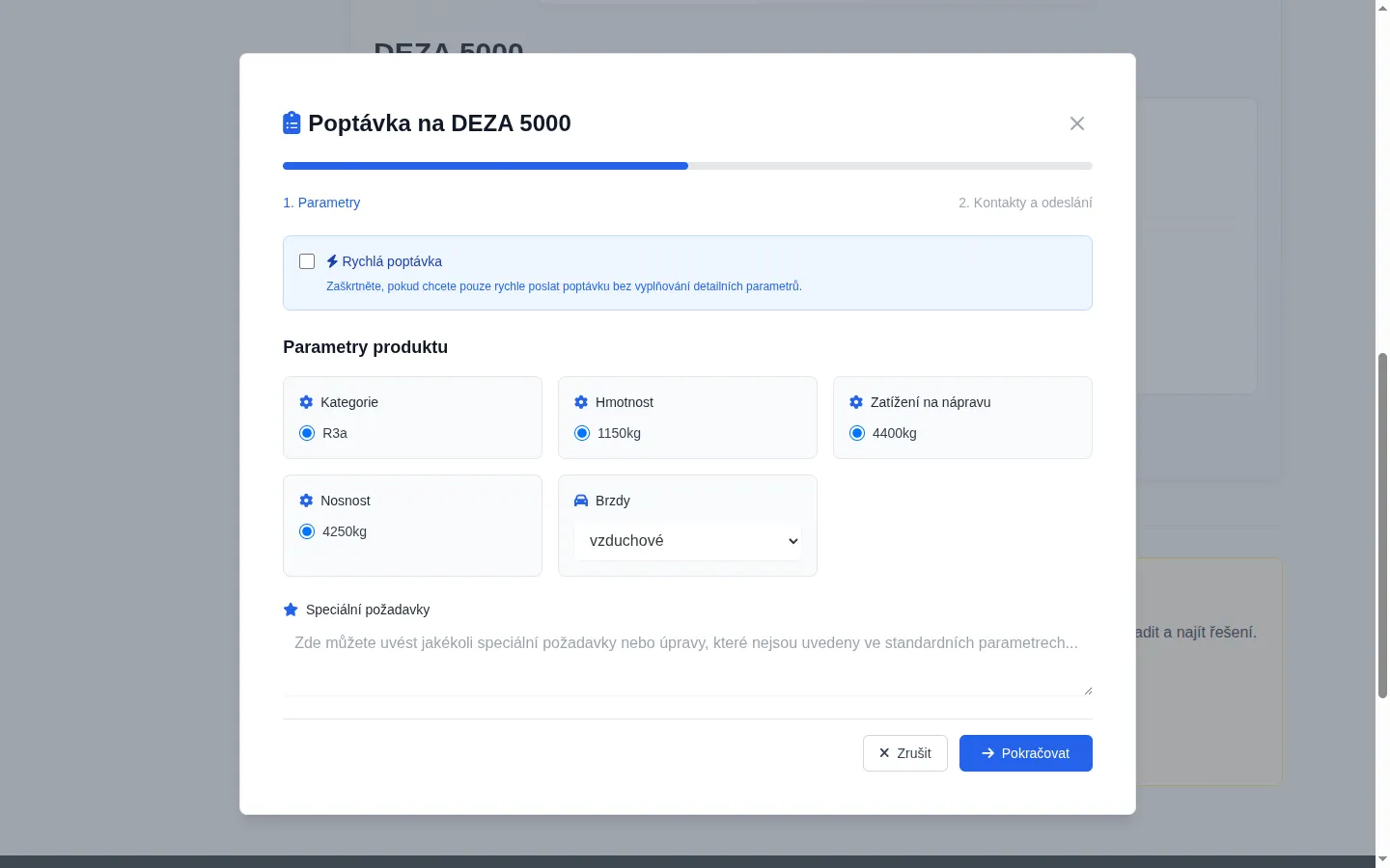Konfigurátor parametrů traktorového návěsu v poptávkovém formuláři webu DEZA