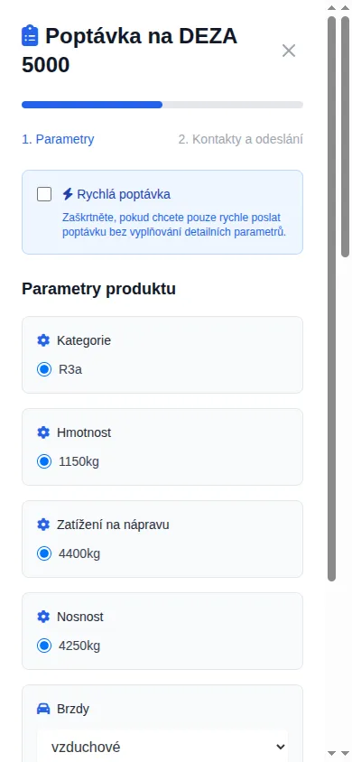 Poptávkový formulář s konfigurátorem návěsu na mobilním telefonu