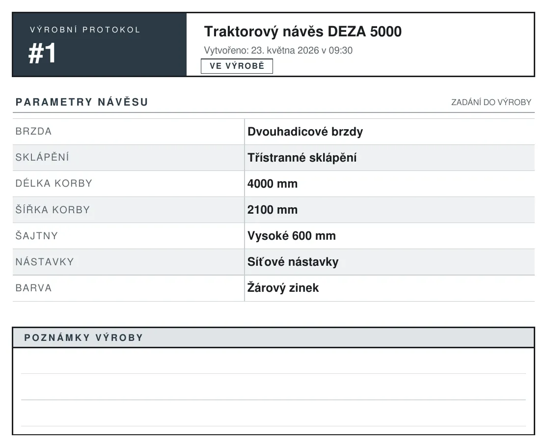 Výrobní protokol – automaticky generované PDF zadání do výroby návěsu DEZA z administrace